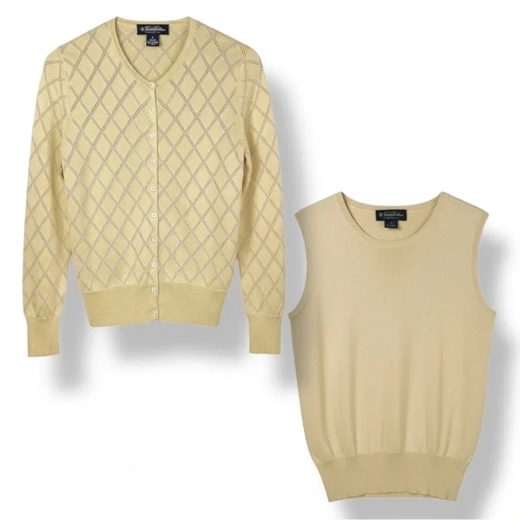 Brooks Brothers Silk Cashmere Twinset Cardigan Shell Set Yellow Argyle XS - Picture 3 of 8